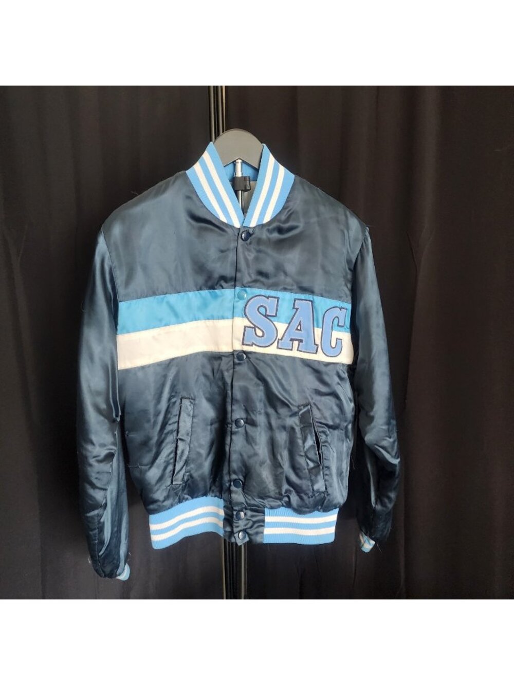 Vintage 1960s SAC Sacramento Blue Satin Varsity Bomber Jacket  Snap Speedline